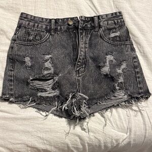 Distressed Charcoal Denim Shorts